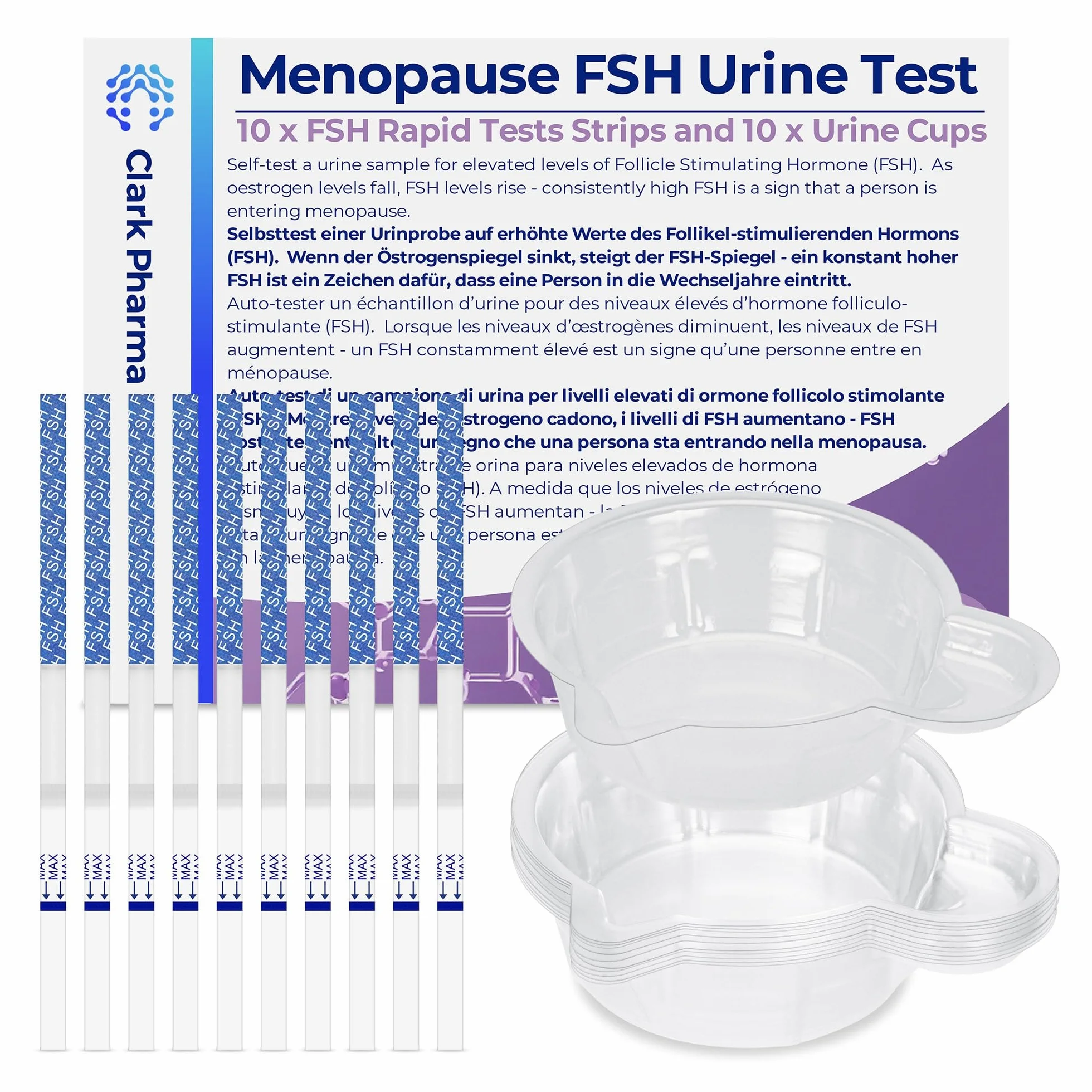 10 x Zestaw Testów na Menopauzę | 10 Pasków Testowych i 10 Pojemników na Mocz | Wykrywanie Hormonu Folikulotropowego u Kobiet