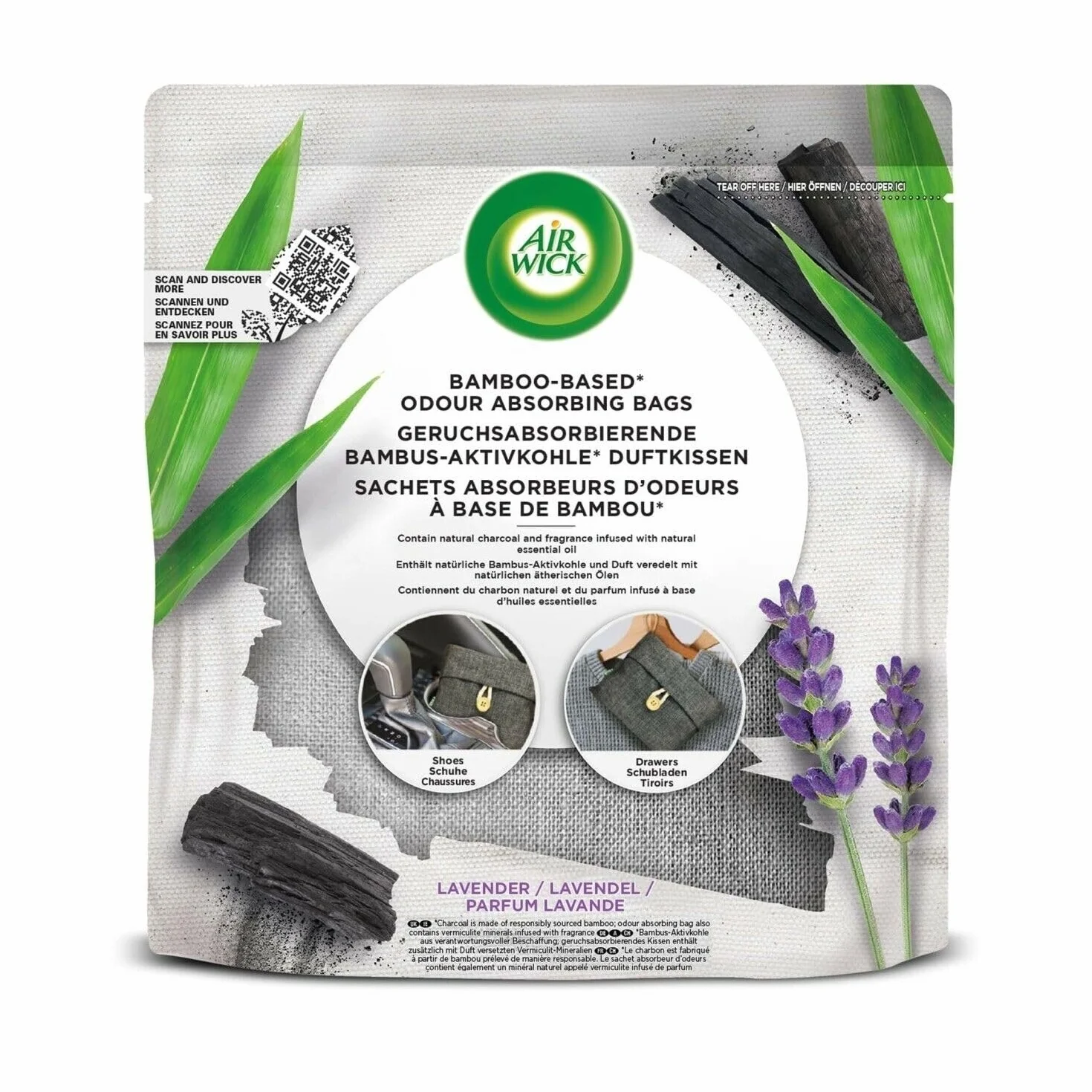 Air Wick Poduszka zapachowa z aktywnego węgla bambusowego – poduszka odświeżająca i osuszająca do szaf na ubrania, szuflad, butów itp. – 6 x 60 g