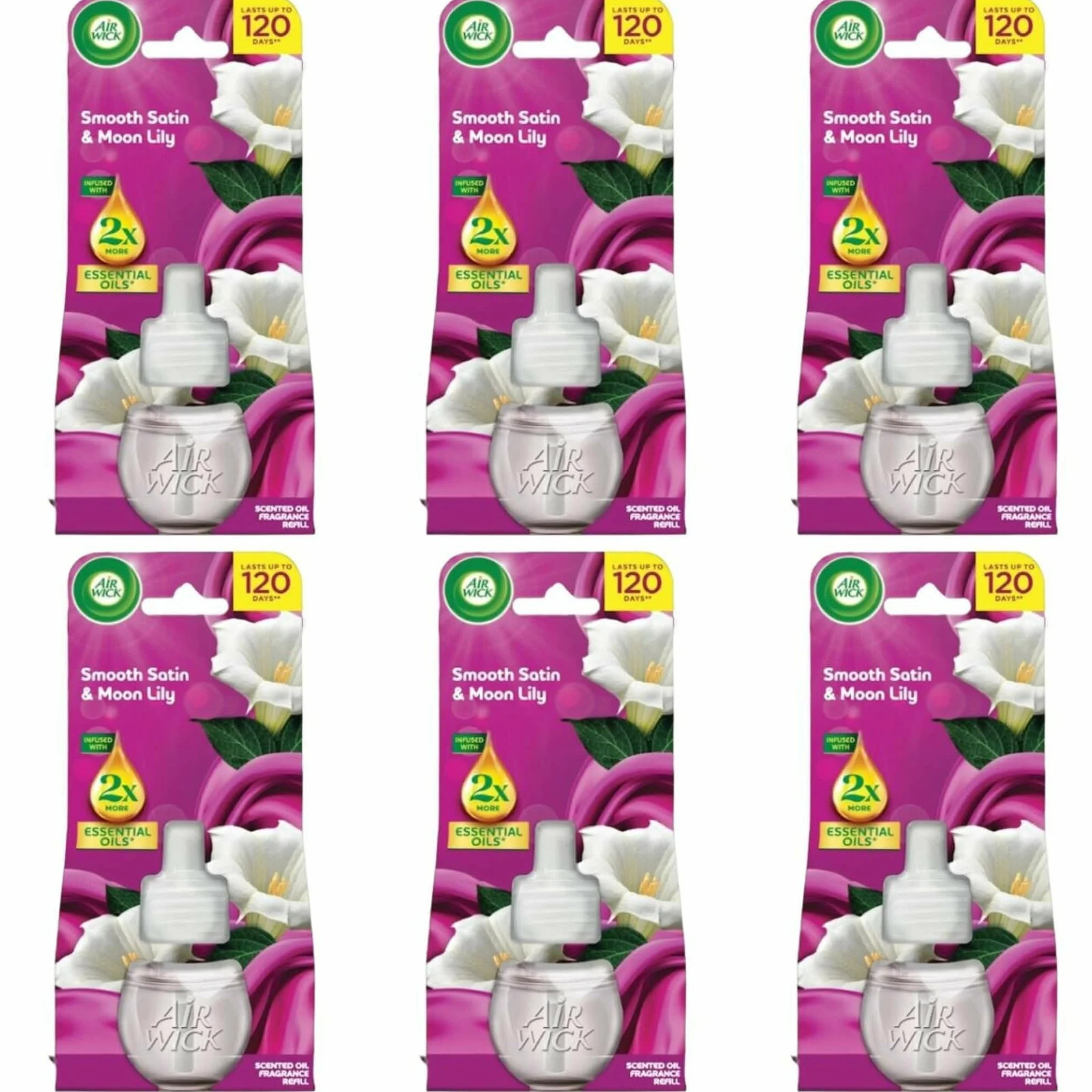 Air Wick Jedwab i świeżość lilii – Velvet Satin und Night Lily – opakowanie uzupełniające do elektrycznych odświeżaczy powietrza, 6 x 19 ml