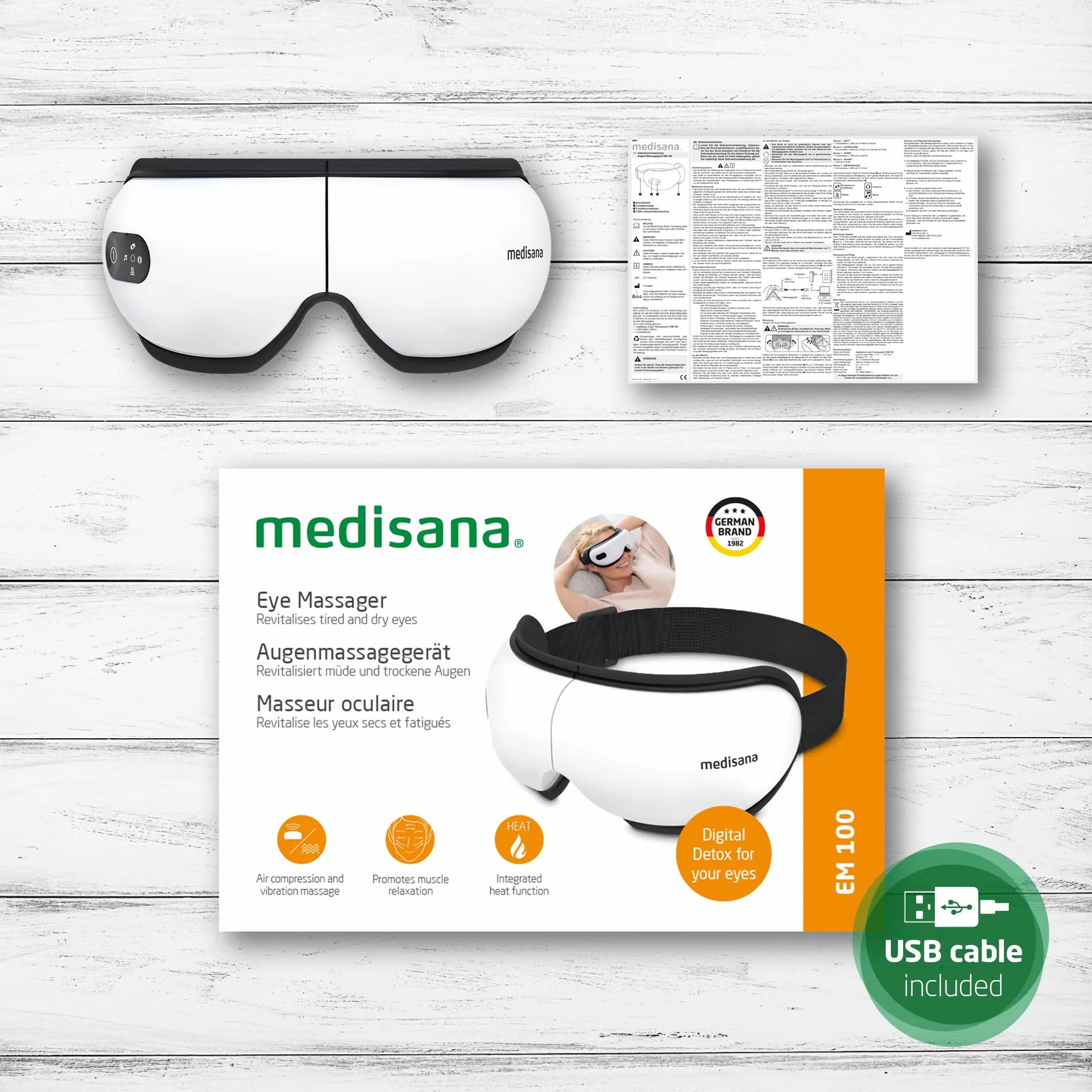 medisana EM 100 masażer do oczu, maska na oczy z masażem, ogrzewaniem i muzyką, masażer do twarzy na bóle głowy, zmęczenie oczu, obrzęki lub migreny, składany