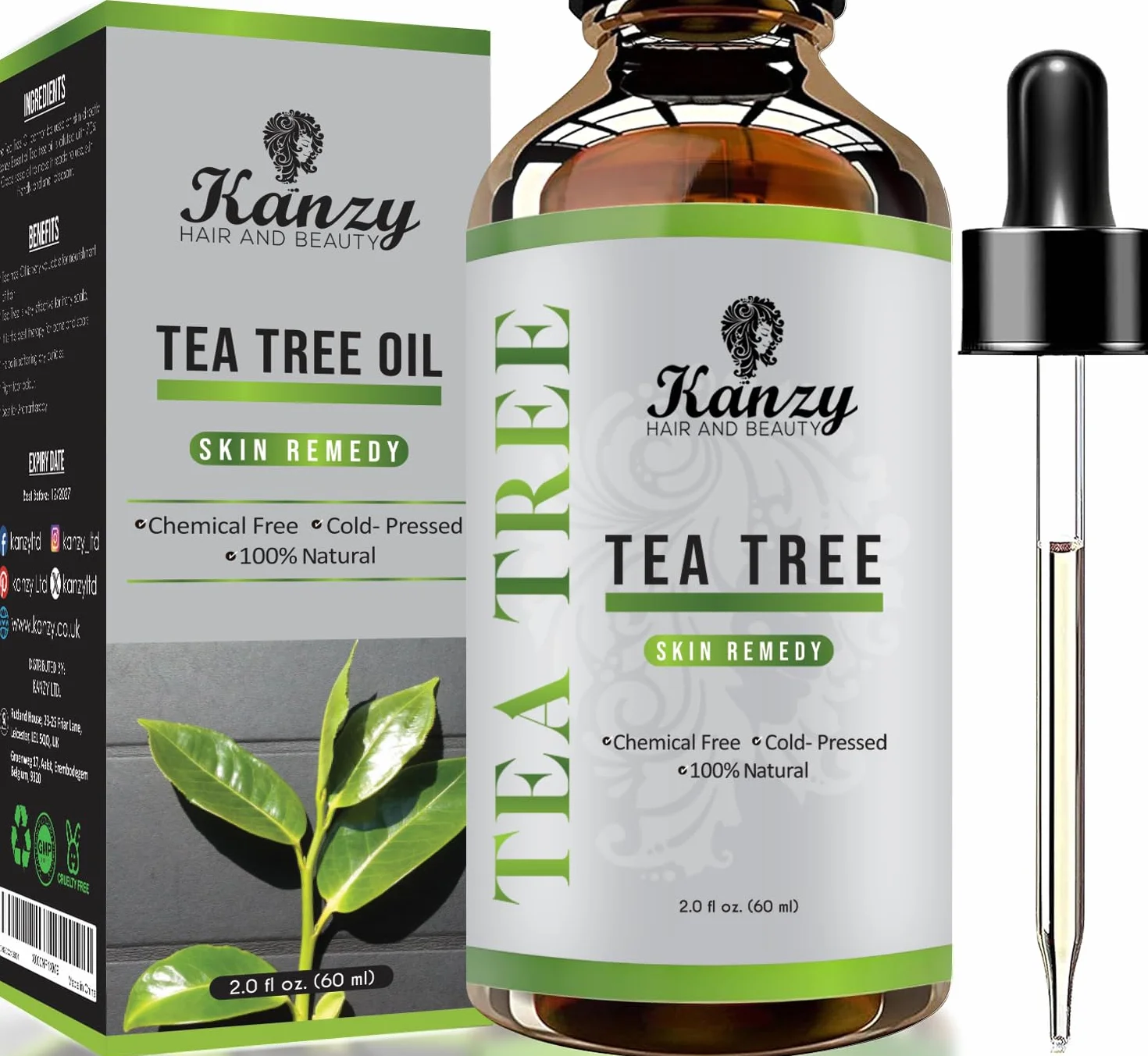 Kanzy Olejek Drzewa Herbacianego 60ml 100% dla Skóry Tea Tree Oil Zabieg na Twarz, Włosy, i Paznokcie Naturalny Wegański