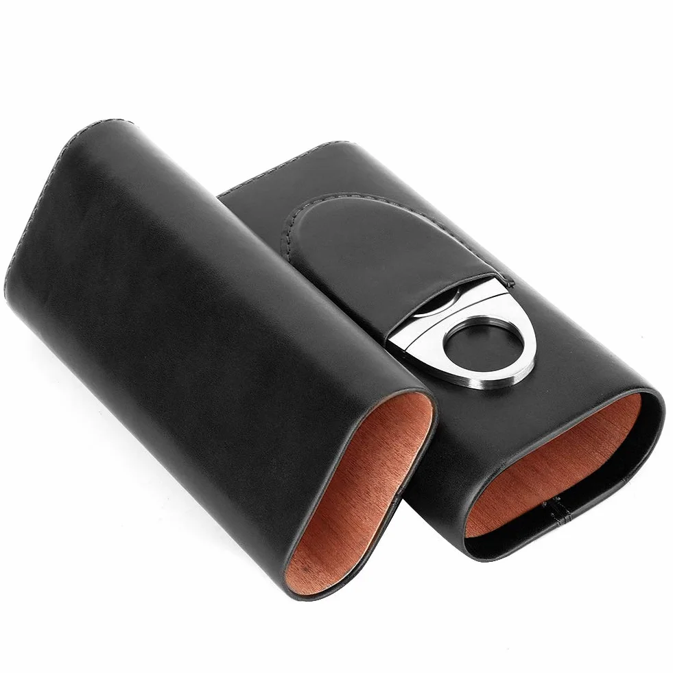 Etui na Cygara z Nożem i Pudełkiem, Podróżne dla Mężczyzn, Torba do Noszenia na 3 Palcach, Wyściełane Drewno, Humidor (Czarne)