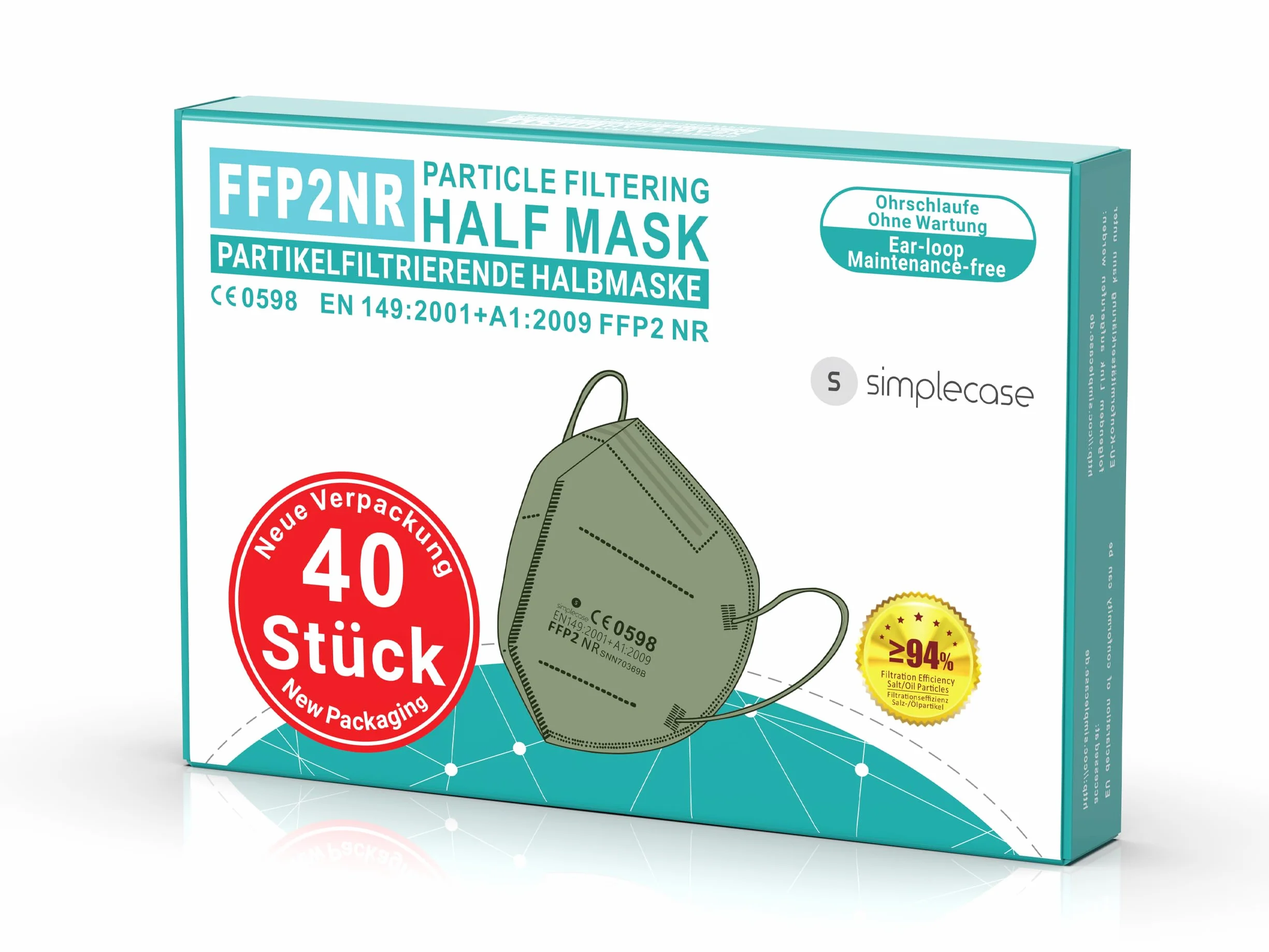 Simplecase 40 sztuk masek FFP2, certyfikat CE, oficjalnie wyznaczony organ CE2834/0598, maska ochronna do oddychania, maska filtrująca cząstki stałe