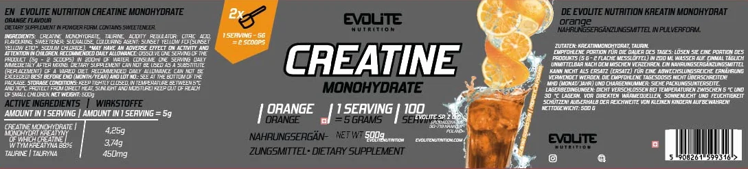Evolite Nutrition Kreatyna Monohydrat 500g - Czysty Monohydrat Kreatyny z Tauryną - Szybka Regeneracja i Wzrost Siły, Poprawa wydolności i Mocy mięśni - Suplement do treningu
