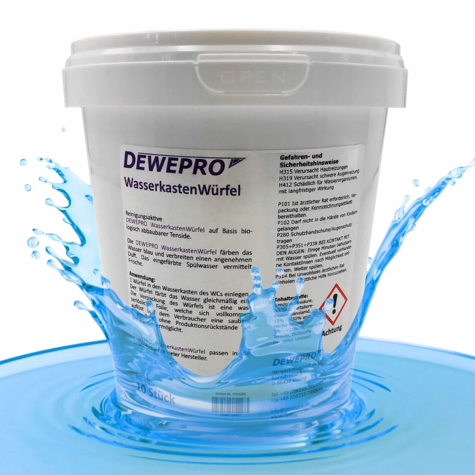 DEWEPRO Kostka na wodę 1 puszka po 10 sztuk – środek do czyszczenia WC do wrzucania do spłuczek wielu producentów (np. Geberit, Sanit) z otworem wrzutowym
