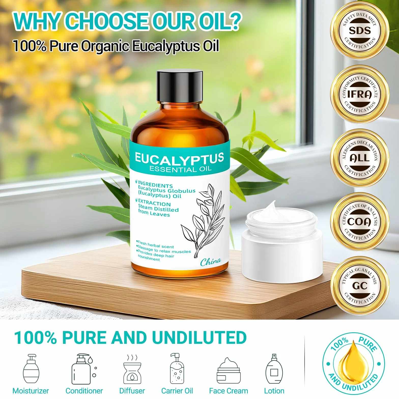Olejek Eukaliptusowy 100ML 100% Czysty Naturalny Olejek Nierozcieńczony do Aromaterapii Masażu Odstraszania Komarów Pielęgnacji Skóry Oczyszczania Powietrza DIY i Jogi