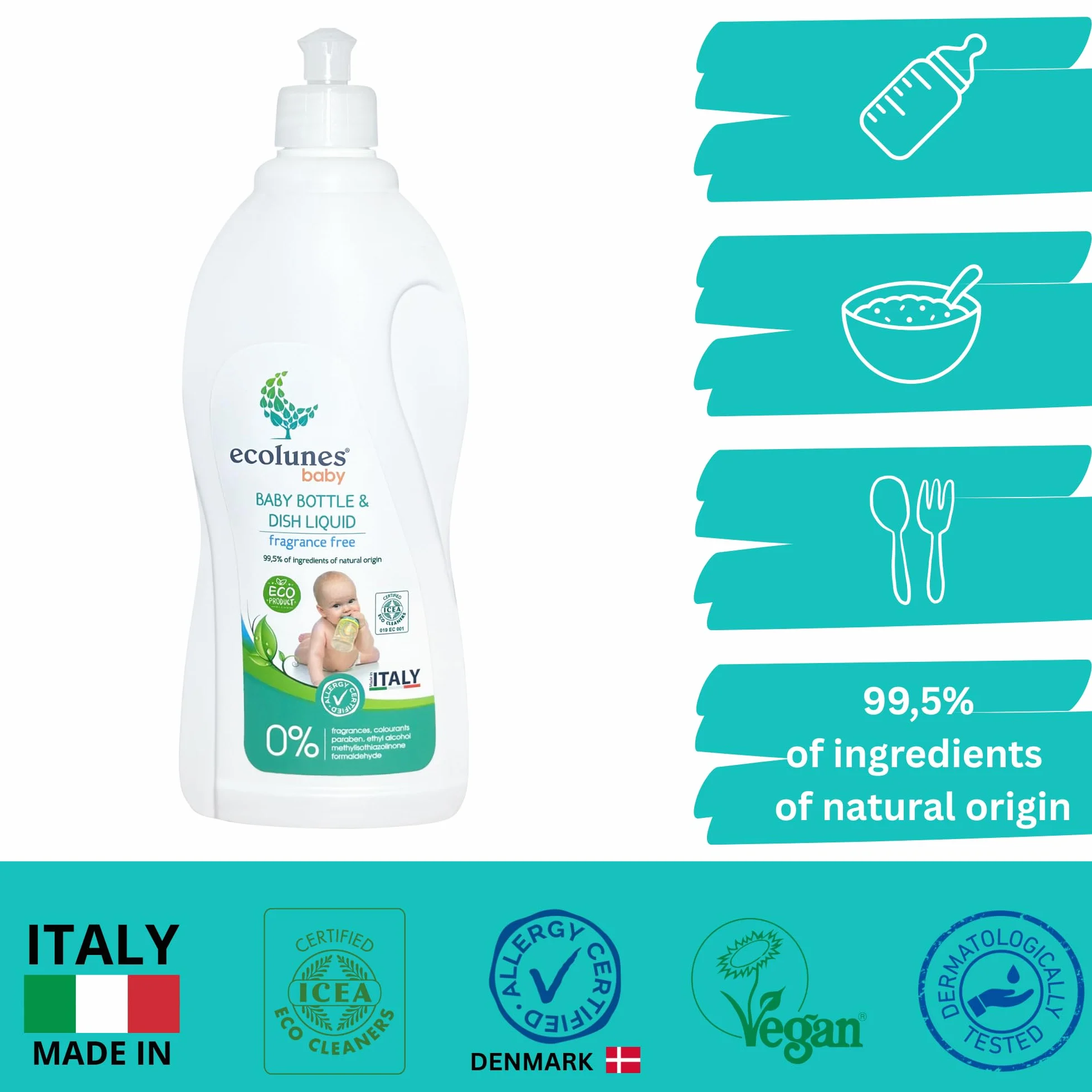 Ecolunes Baby Bottle and Dish Liquid fragrance free, Bezzapachowy płyn do butelek i naczyń 99,5% składników pochodzenia naturalnego, nie powoduje alergii, testowany dermatologicznie, 750 ml