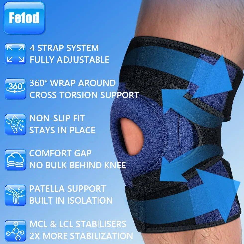 Bandaż na kolano dla kobiet i mężczyzn, regulowany stabilizator kolan z sześcioma stabilizatorami i bandażem kompresyjnym 360°, ortopedyczne podparcie kolana, bandaż sportowy na kolana do