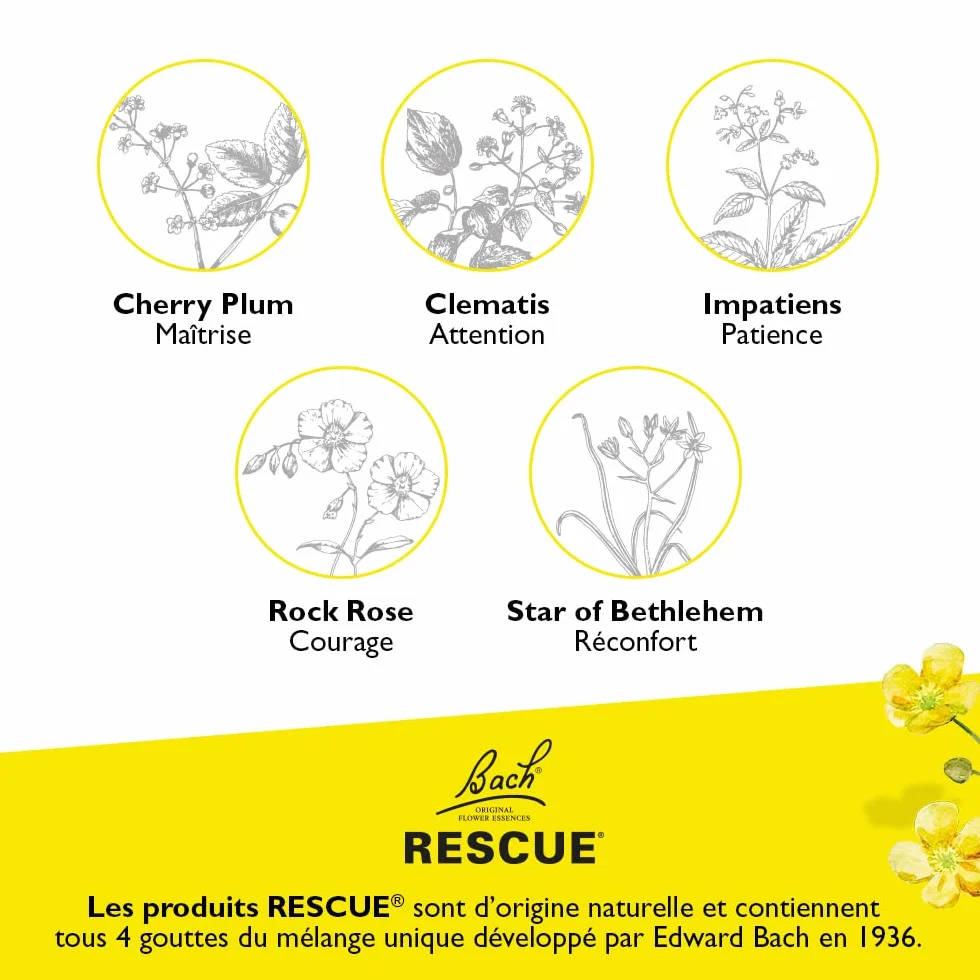 RESCUE - Bezalkoholowy spray Naturalne samopoczucie emocjonalne - Mieszanka 5 oryginalnych kwiatów Bacha - Idealny na codzienne stresy: podróże, egzaminy, spotkania, pracowity dzień - 20 ml