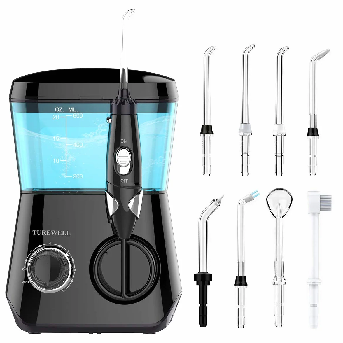 TUREWELL elektryczny irygator do jamy ustnej IPX7 600 ml 10 poziomów 8 dysz czarny