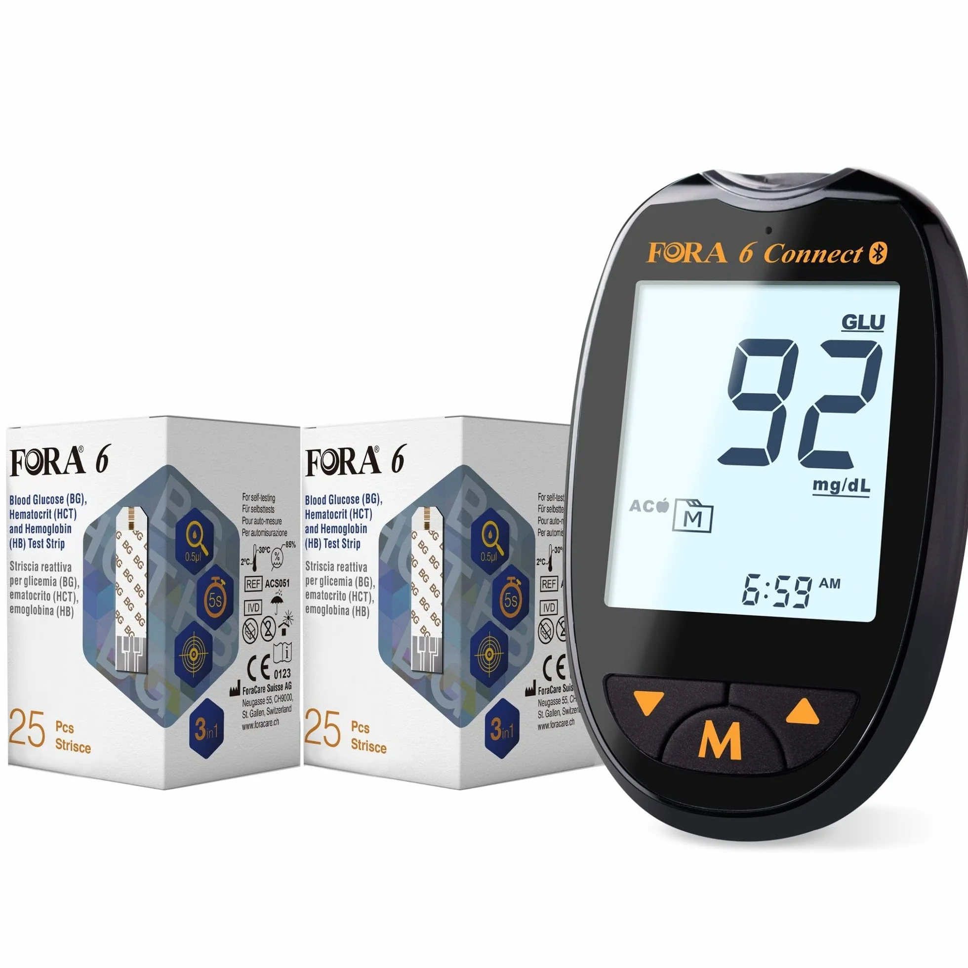 FORA Mg/dl urządzenie do pomiaru cukru we krwi (mg/dl) zestaw 25 sztuk, pakowane pojedynczo paski do pomiaru cukru we krwi, hematotyny i hemoglobiny (3 w 1: BG, HCT, HB)*2