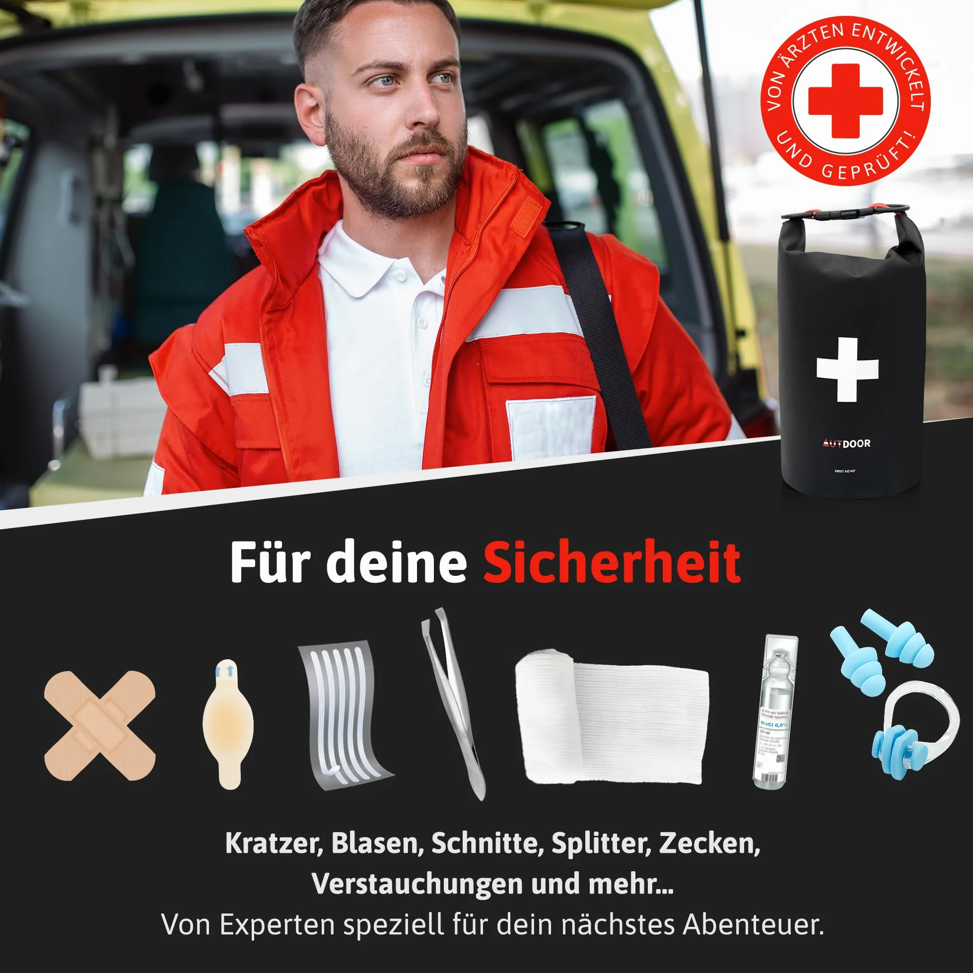 AUTDOOR® Zestaw pierwszej pomocy do użytku na zewnątrz – DIN13167 – wodoszczelny i lekki – opracowany przez lekarzy – apteczka na wędrówki, wspinaczkę, sporty wodne