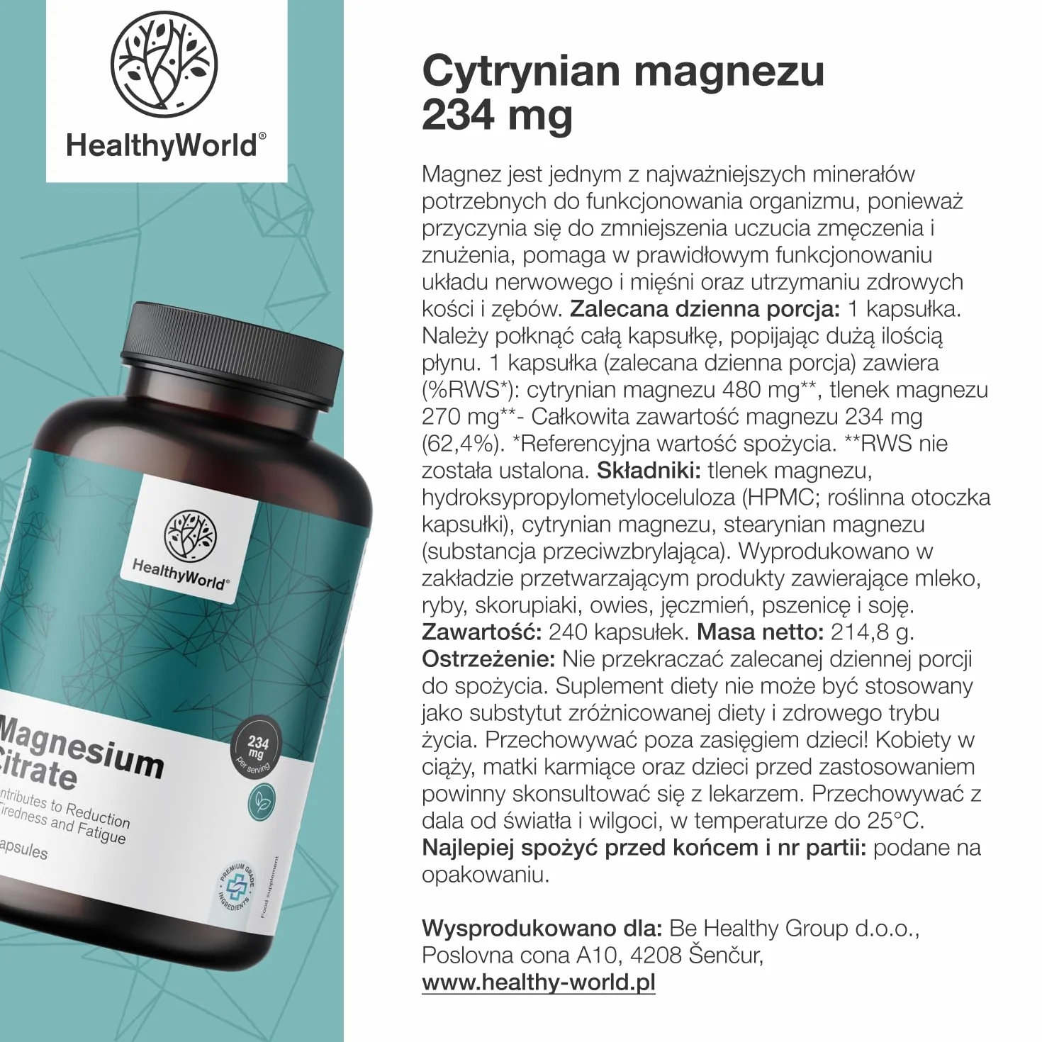 HealthyWorld Cytrynian magnezu 234 mg - 240 Kapsułek Roślinnych - Na ponad 7 Miesięcy - 480 mg Cytrynianu Magnezu i 270 mg Tlenku Magnezu - Na Wsparcie Mięśni i Wzrost Energii