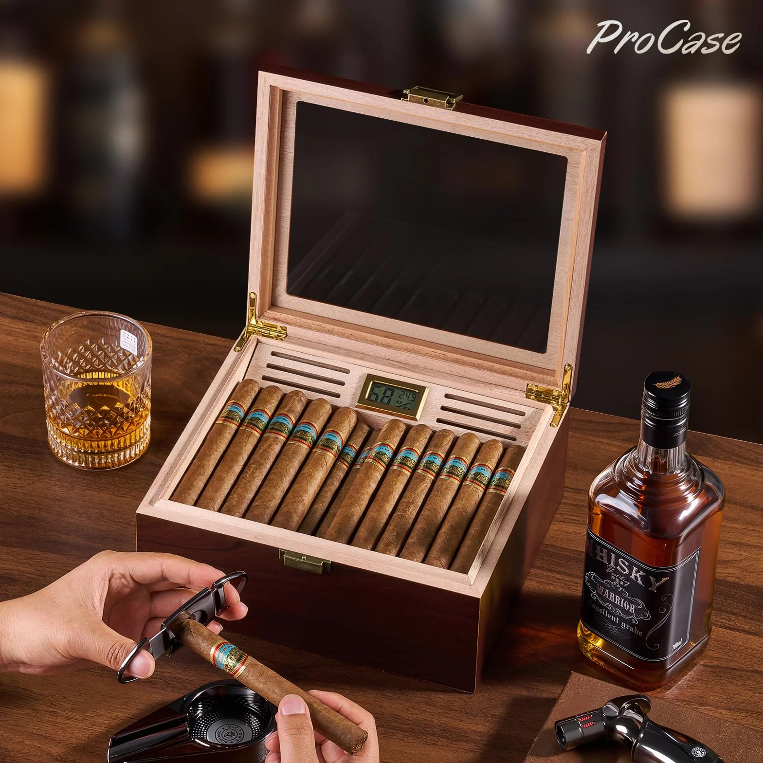 ProCase Humidor do cygar z drewna cedrowego, cyfrowy higrometr, szklany blat, duży, brązowy