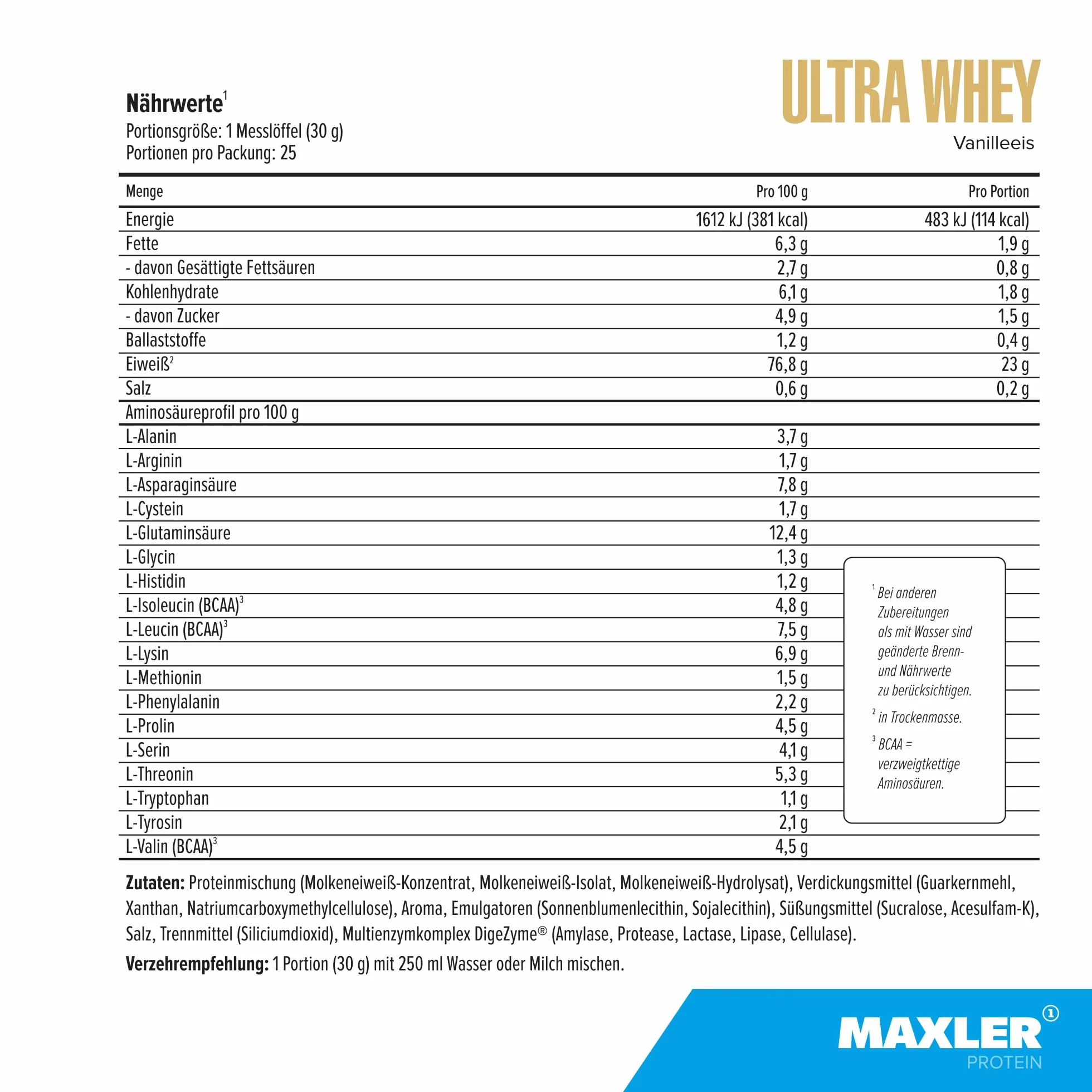 Maxler Ultra Whey Protein 23g białka porcja Pure Whey Protein Powder Koncentrat Izolat Hydrolizat BCAA Lody waniliowe 750g