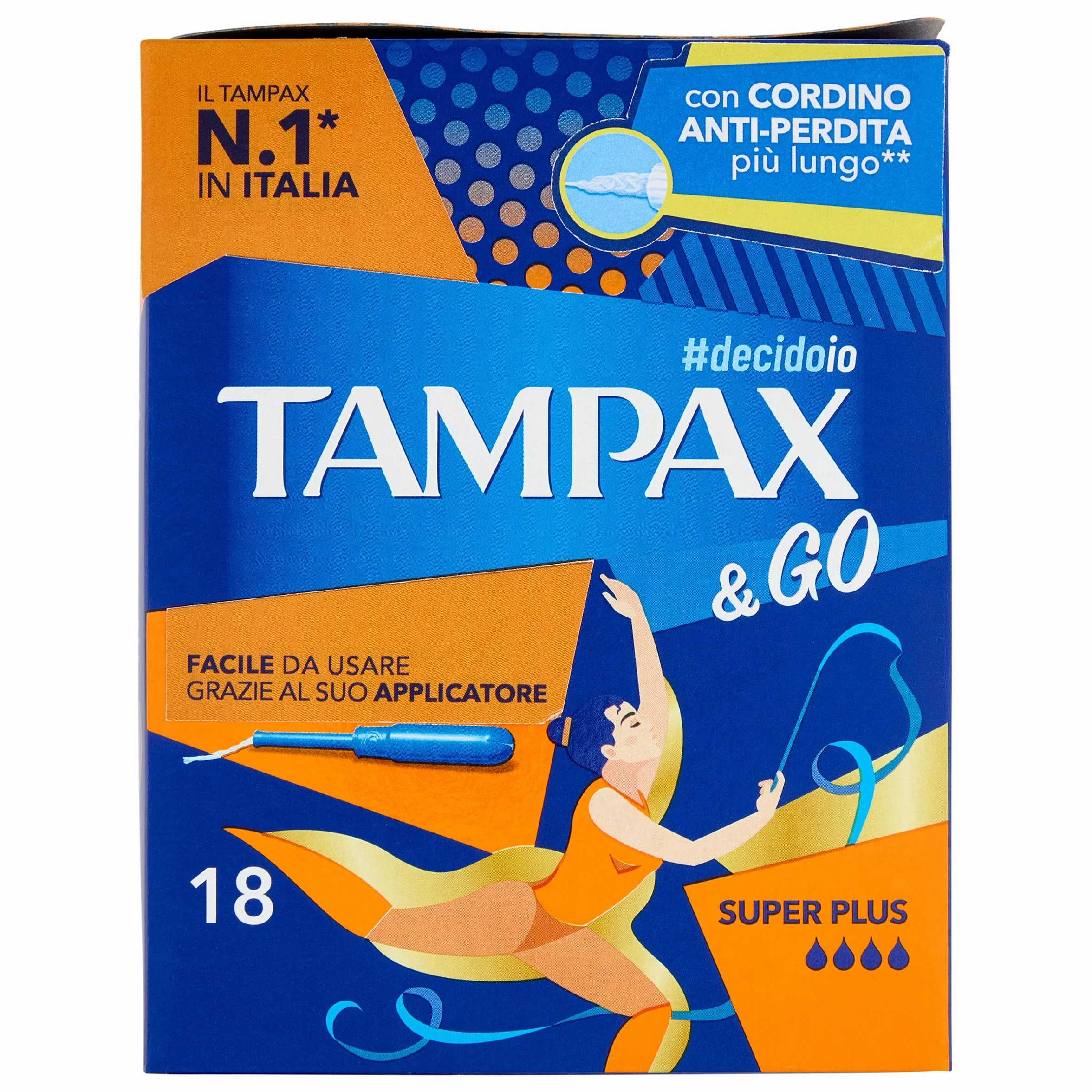 Tampax & Go Super Plus, 18 podpaski higieniczne z plastikowym aplikatorem, z antypoślizgowym uchwytem i podwójnym sznurkiem ochronnym, idealne do dużych przepływów