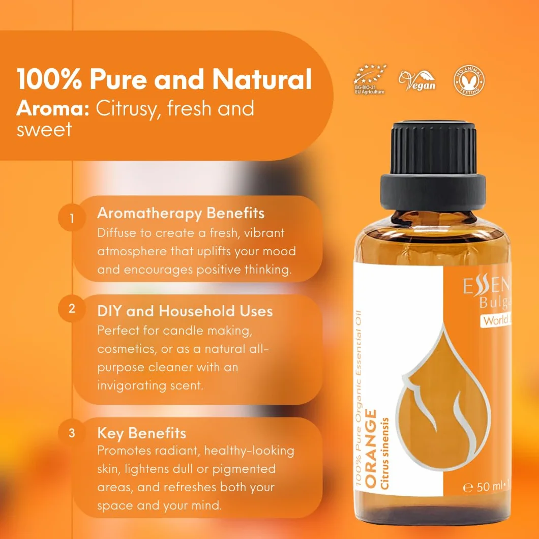 Essences Bułgaria Organiczny Olejek Eteryczny z Pomarańczy 50 ml | Citrus sinensis | 100% Czysty i Naturalny | Nierozcieńczony | Klasa Terapeutyczna | Aromaterapia | Kosmetyki | Bez okrucieństwa