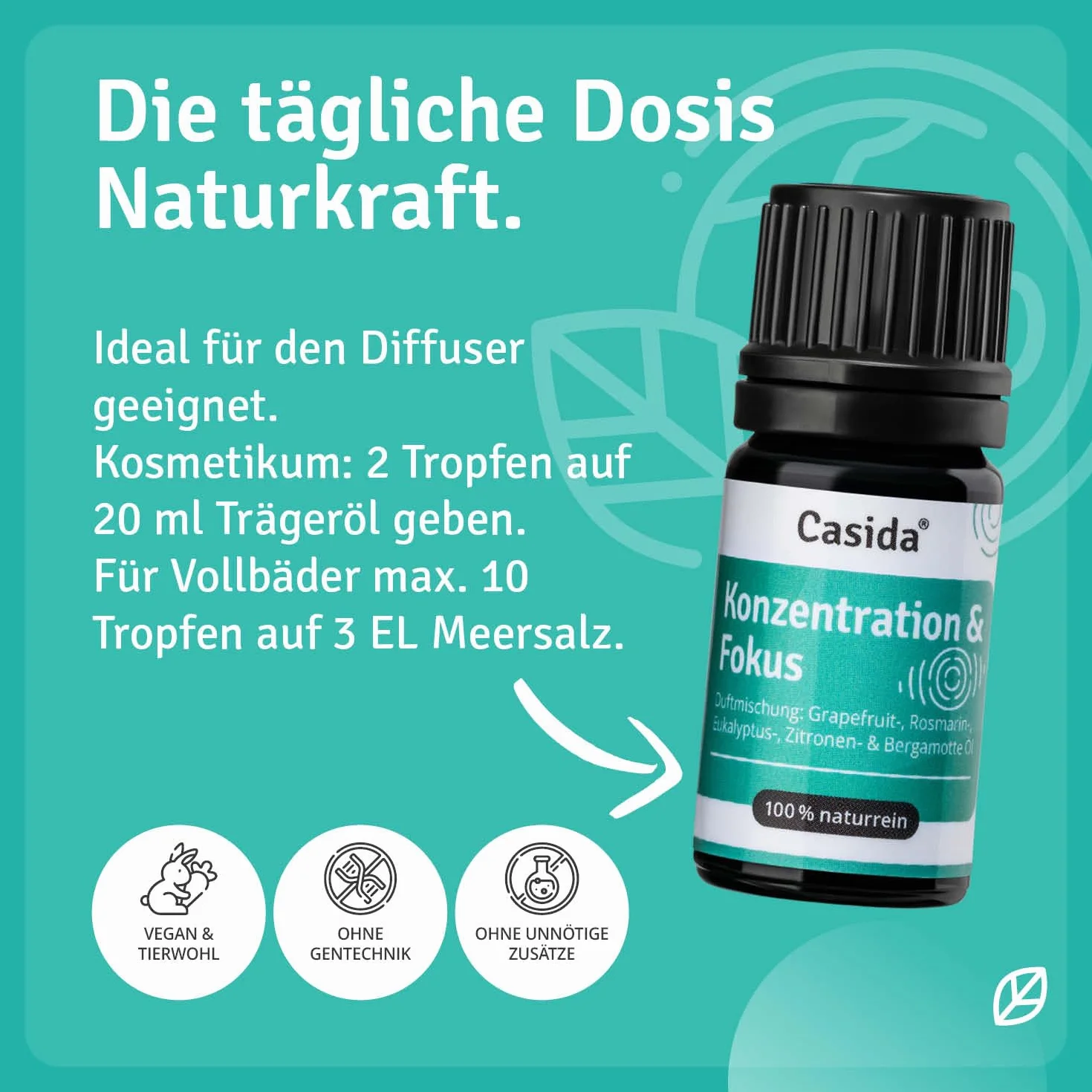 Casida® Mieszanka Koncentracji i Fokus - z olejków eterycznych naturalnych - grejpfrutowego, rozmarynowego, eukaliptusowego, cytrynowego i bergamotkowego - dla lepszej koncentracji - jakość apteczna - 5 ml