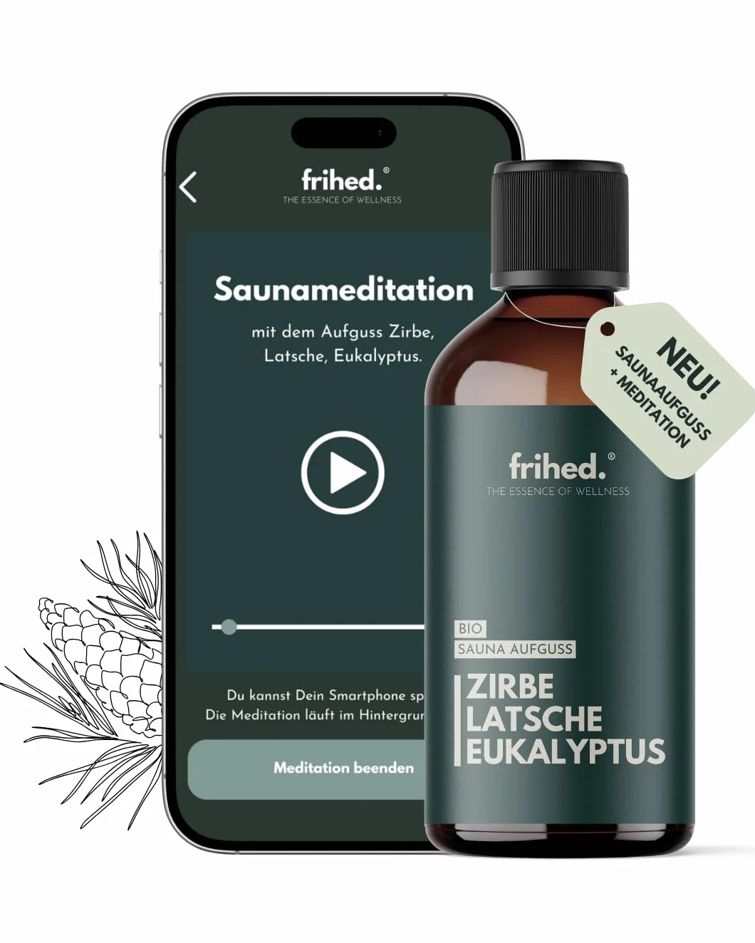 frihed.® Napar do sauny bio z aplikacją do medytacji, środek do zaparzania wszystkich rodzajów sauny, długotrwały zapach sauny, bardzo wysokiej jakości olej, pomysł na prezent (limba, kosmyka i