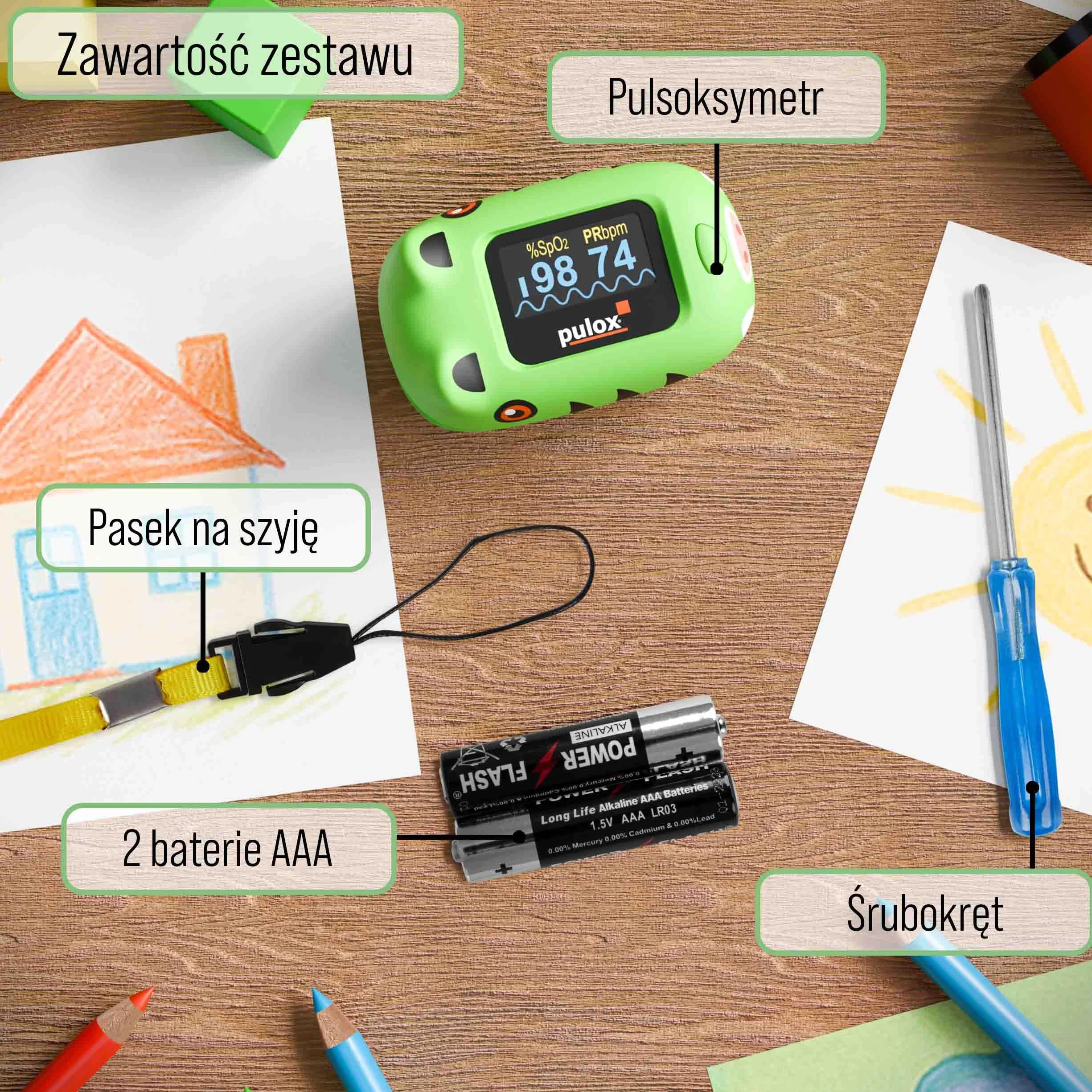 Pulox PO-230 Pulsoksymetr dla dzieci zielony pomiar saturacji tlenem i tętna