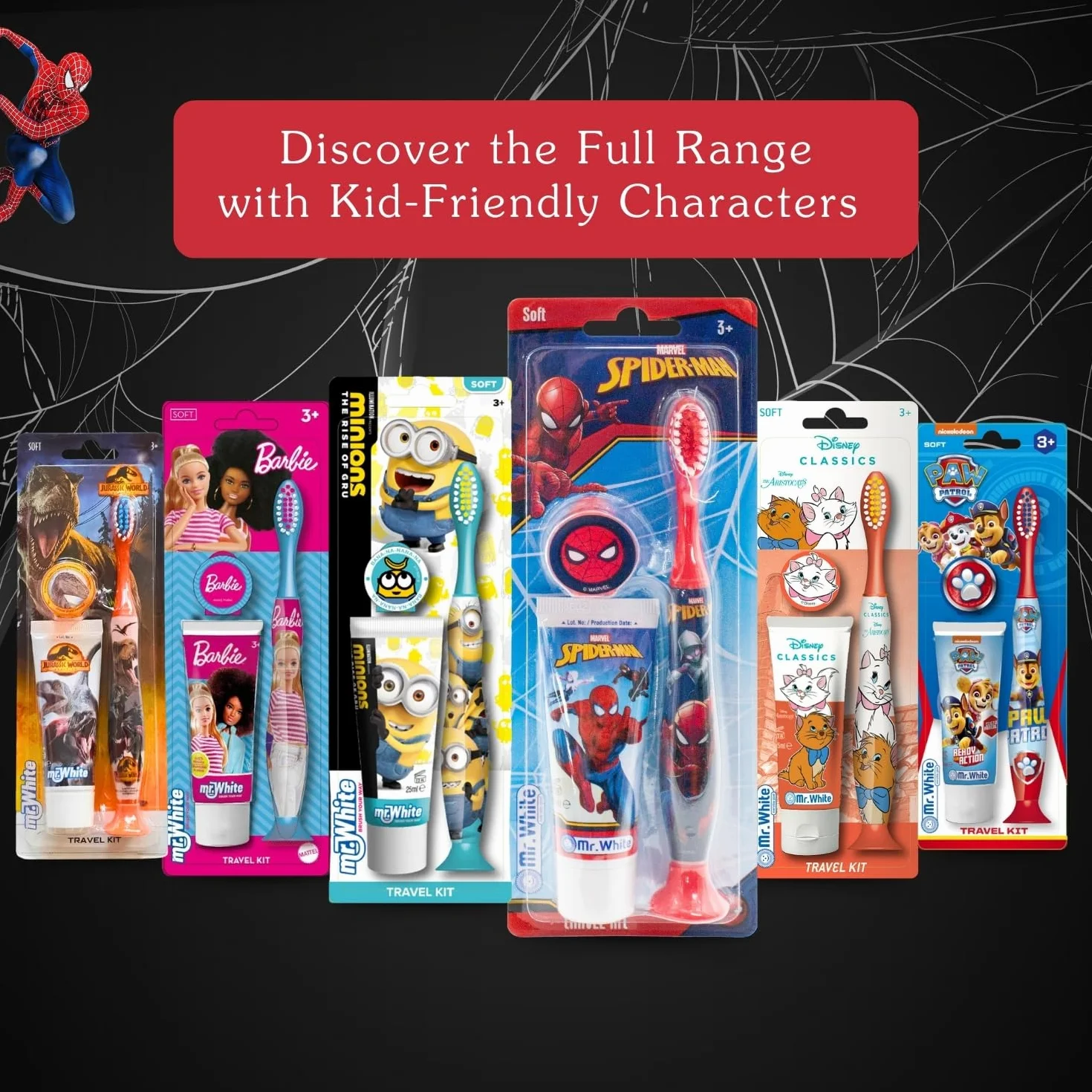 Mr.White Spider-Man zestaw podróżny dla dzieci 3 przybory toaletowe szczoteczka do zębów pasta 25 ml czapka